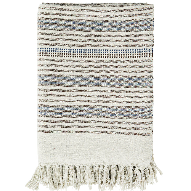 Recycled cotton throw in off white, sand + blue