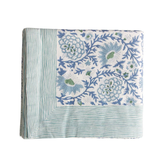 Indian Block Print Tablecover in Sunny day aqua + blue print 160cm x 270cm