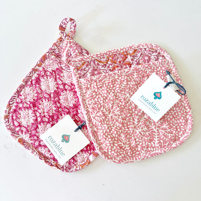 Indian Block Print pot holders pink floral set of 2