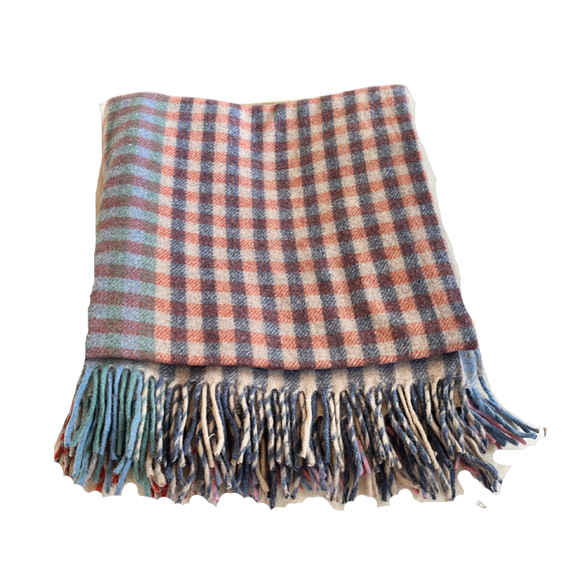 Recycled Wool Throw in pink, orange, blue Micro Gingham