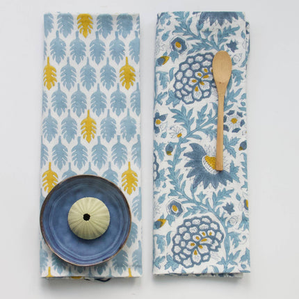 Indian Block Print Kitchen tea towel in Sunny Day blue + yellow print