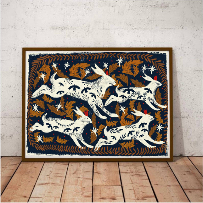 Running Hares print on dark blue background