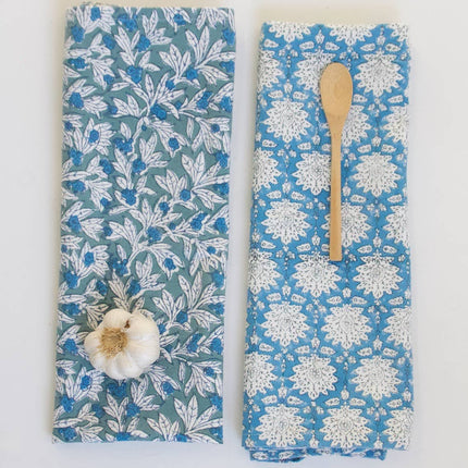 Indian Block Print Kitchen Tea Towel in Wakame blue + green print