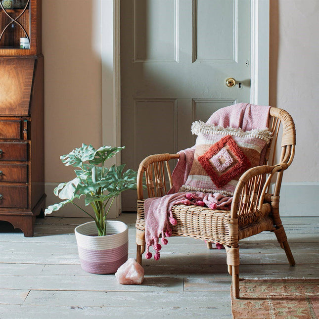 Pink Herringbone Pom Pom Blanket Throw