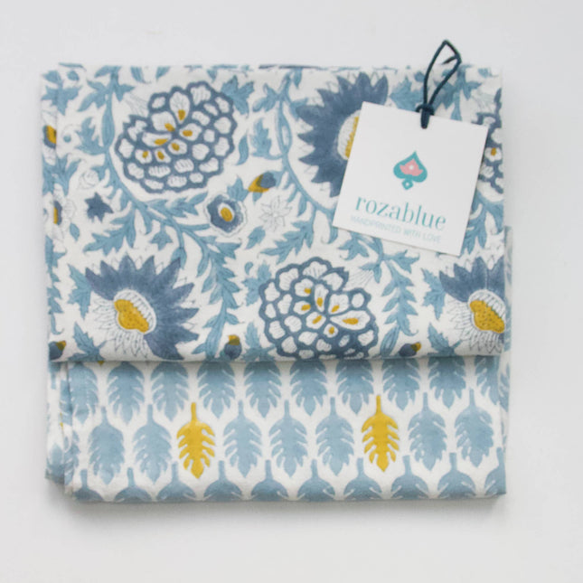 Indian Block Print Kitchen tea towel in Sunny Day blue + yellow print