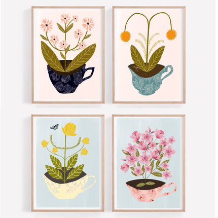 Pink flowers in a teacup print