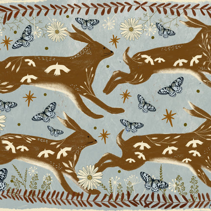 Running Hares in Spring print on pale blue background