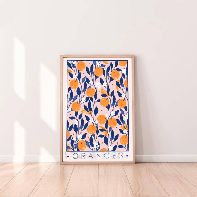 Oranges with blossom on the tree print