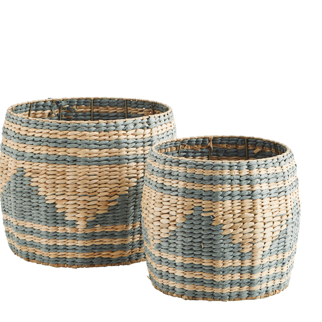 Set of 2 Rush Storage Baskets with Metal Interior Frame in Natural + Sage