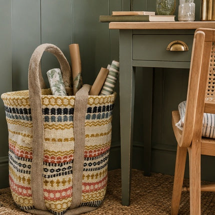Fiona Walker extra large multicolour woven jute storage basket with handles styled in the home study