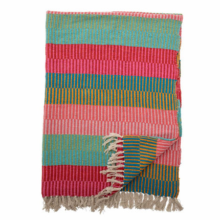 Recycled Cotton Woven Block Stripe Throw in Red, Pink, Green