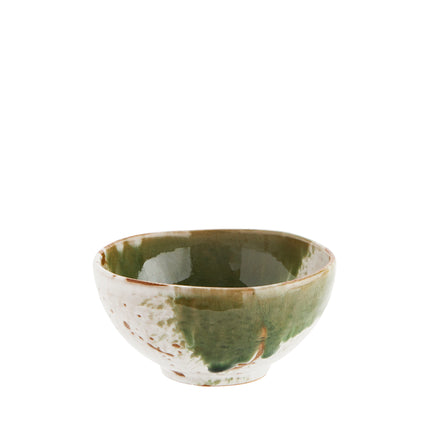 Stoneware glazed small bowl in off-white + green