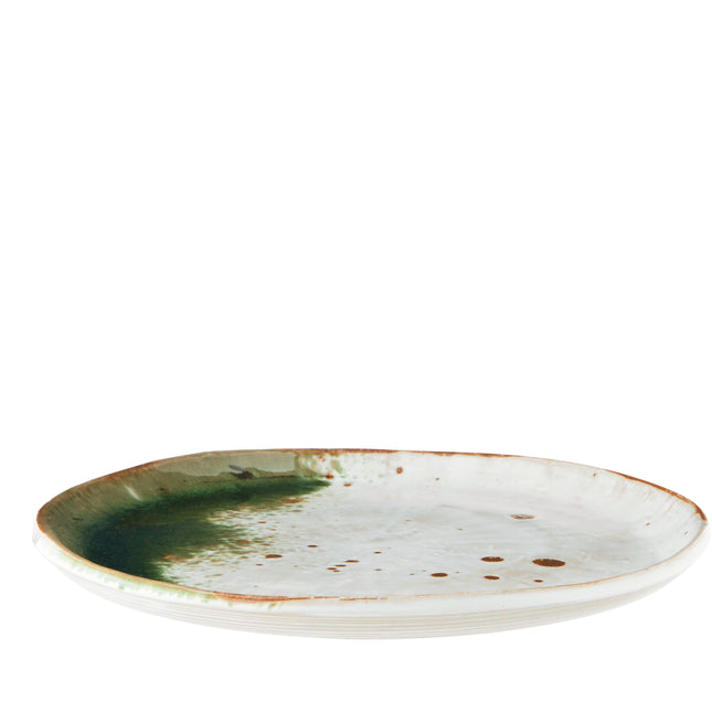 Stoneware glazed side plate in off-white + green
