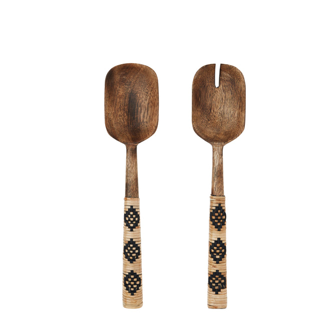 Mango Wood Salad Spoons + Fork Set with natural + black rattan handles