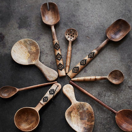 Mango Wood Salad Spoons + Fork Set with natural + black rattan handles