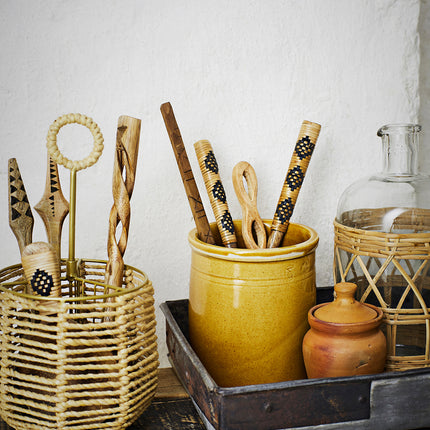 Mango Wood Salad Spoons + Fork Set with natural + black rattan handles