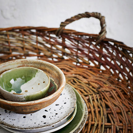 Stoneware glazed side plate in off-white + green