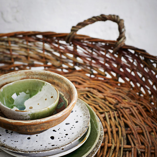 Stoneware glazed small bowl in off-white + green