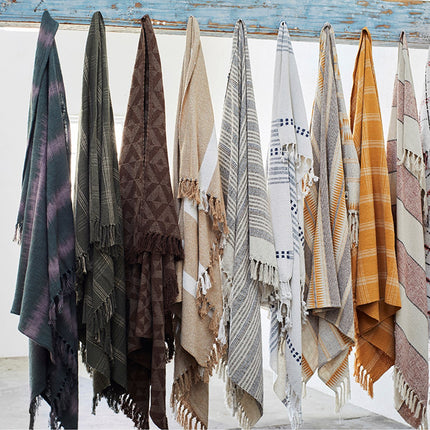 Recycled cotton throw in off white, sand + blue