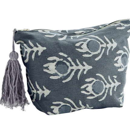 Cotton peacock feather print wash bag with big tassel in navy