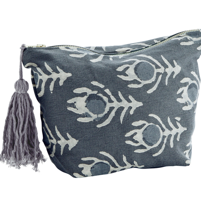 Cotton peacock feather print wash bag with big tassel in navy