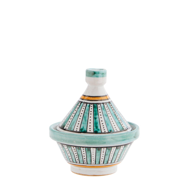 Hand Painted Stoneware Tagine Pot in Aqua + off-white