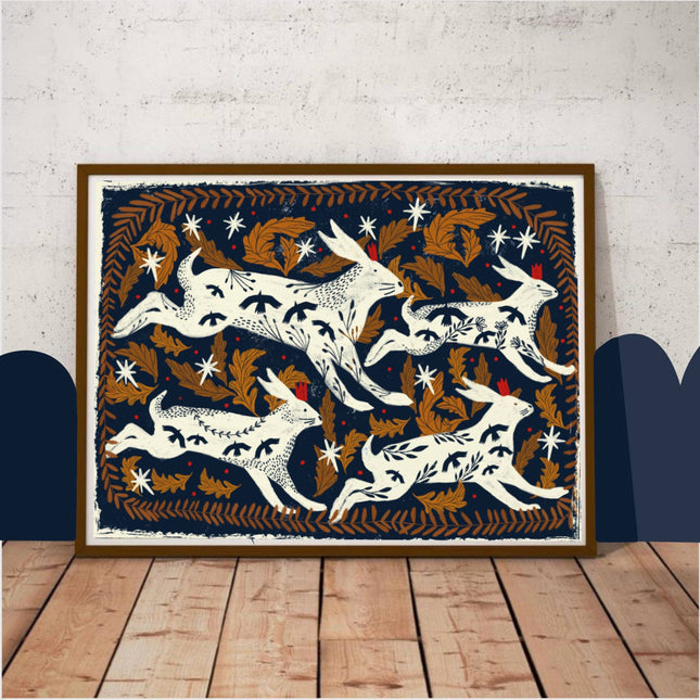 Running Hares print on dark blue background