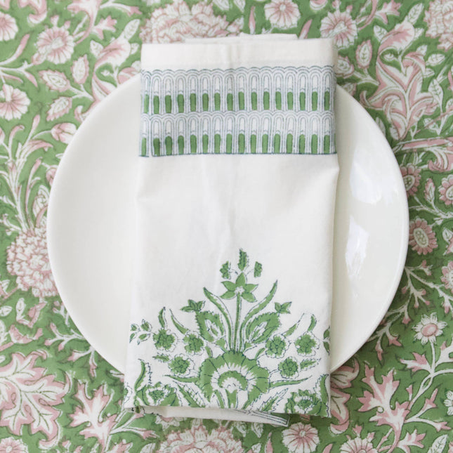 Set of 2 Indian Block Print Napkins in Varmala green print