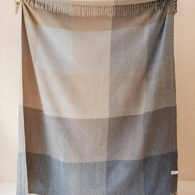 Recycled Wool Throw in Natural Herringbone Block Check
