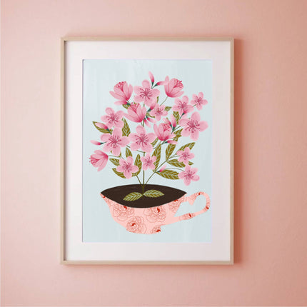 Pink flowers in a teacup print