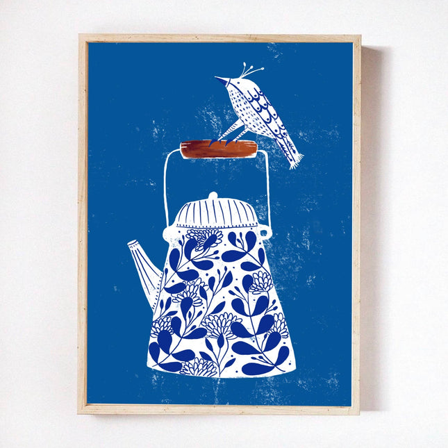 Bird on a flower teapot blue print