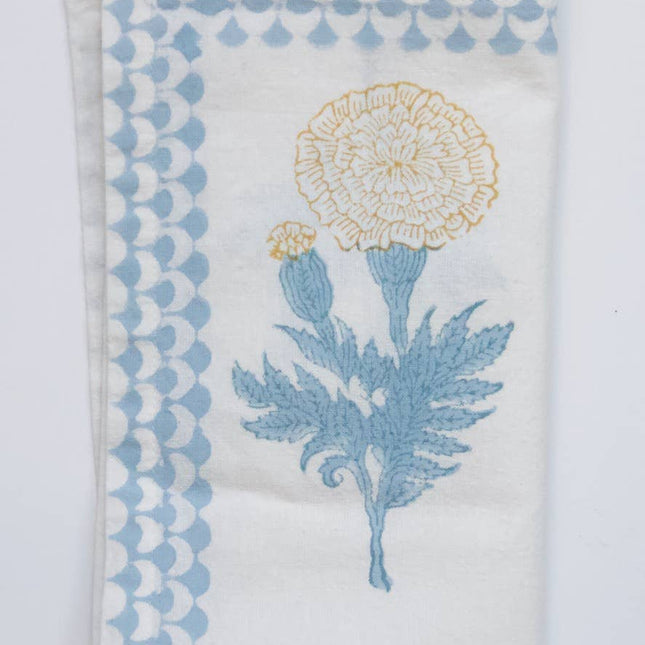 Set of 2 Indian Block Print Cotton Napkins in blue print with yellow flower motif