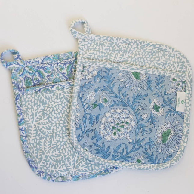 Indian Block Print pot holders blue floral set of 2