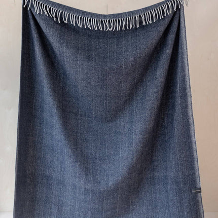 Recycled Wool Throw in Navy Herringbone