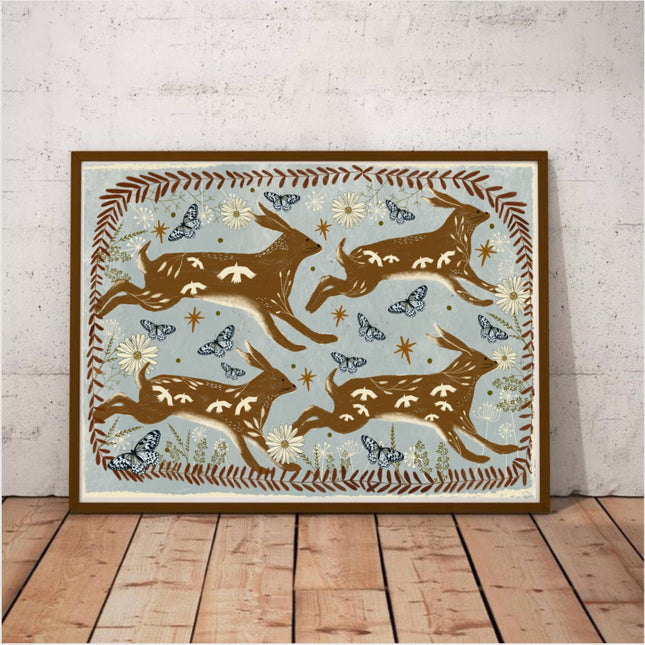 Running Hares in Spring print on pale blue background