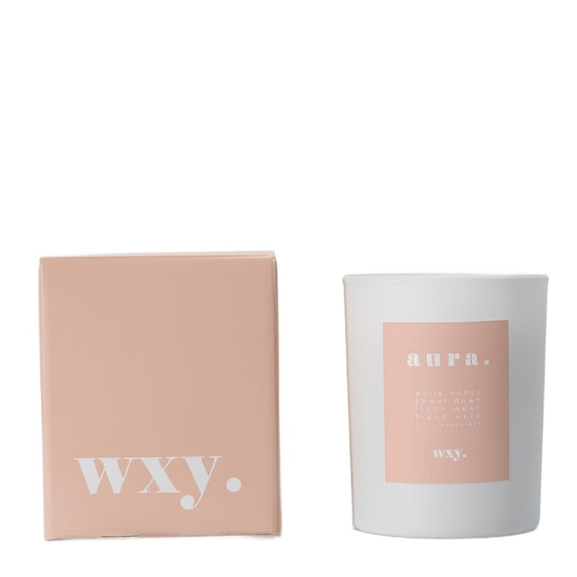 Amber, musk + white woods fragranced candle