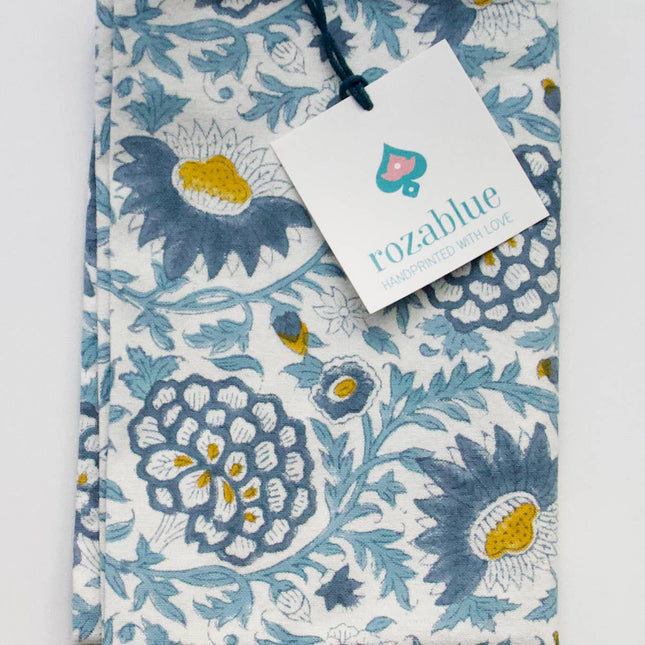 Indian Block Print Kitchen tea towel in Sunny Day blue + yellow print