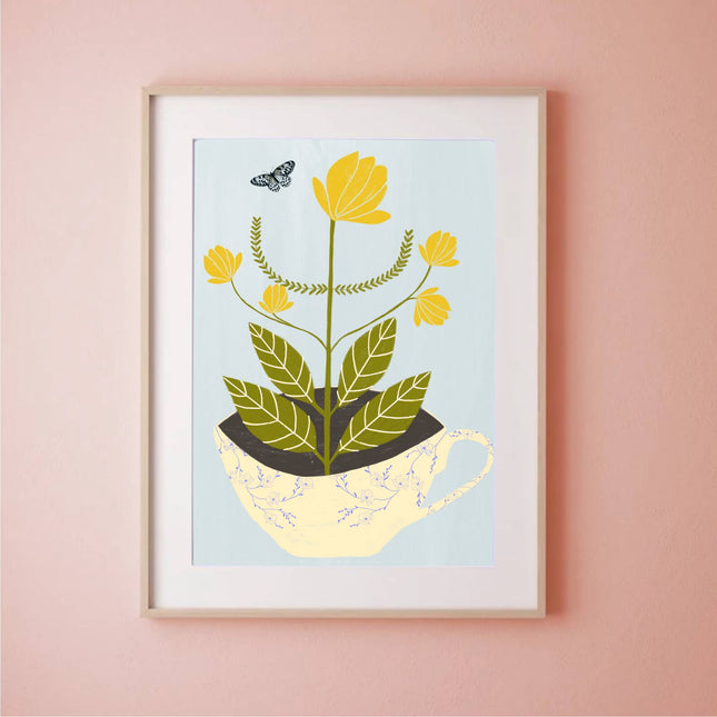 Yellow flowers in a teacup print