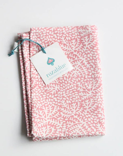 Indian Block Print cotton Kitchen tea towel in Floral Coral