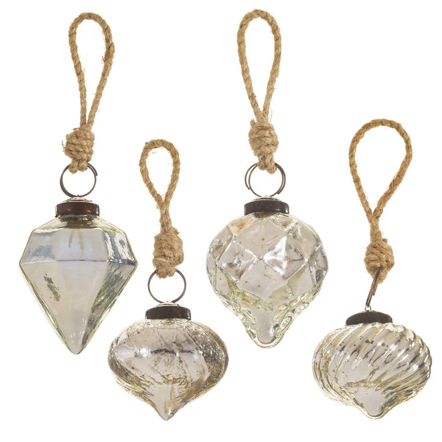 Silver Crackle Glass Assorted Shape Bauble -  Set of 4