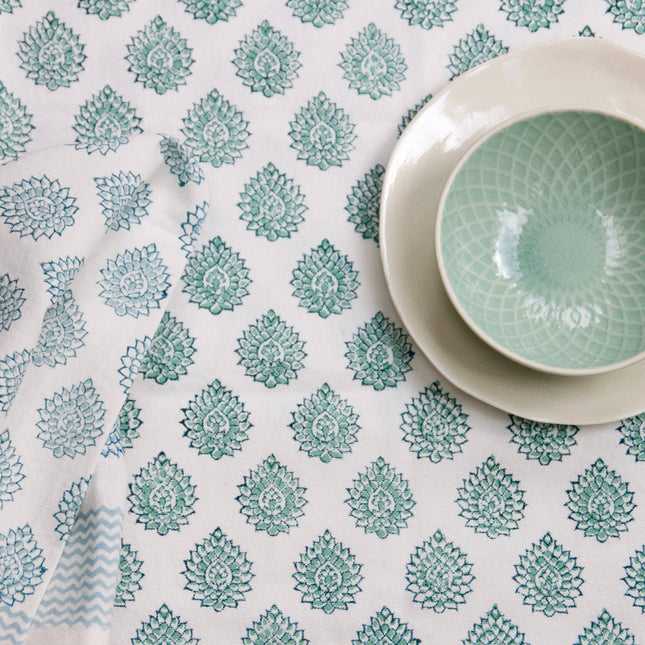 Indian Block Print Tableclotch in Little Lotus Green Print 160cm x 270cm